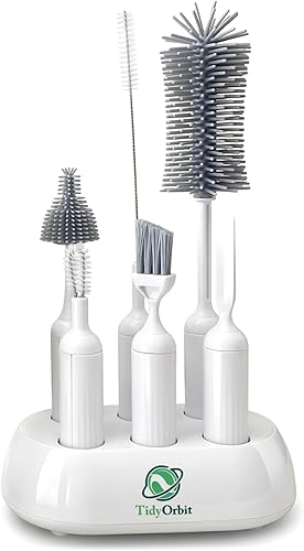 Juego de cepillos para botellas 6 en 1 con soporte, kit de limpieza multiusos para biberones, botellas de agua reutilizables, popotes y tapas, sin