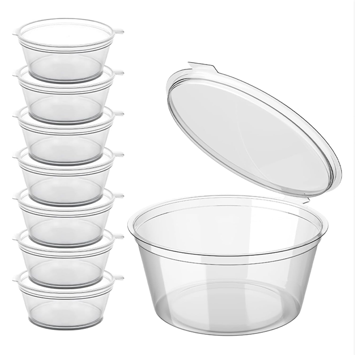 Mega Packaging (100 Pcs 2oz Clear Round Hinged Pots with Lids - Portion Cups with Hinged Lids - Deli Pots, Perfect for Takeaways, Restaurants, Sauces, Ketchup, Food Storage Container