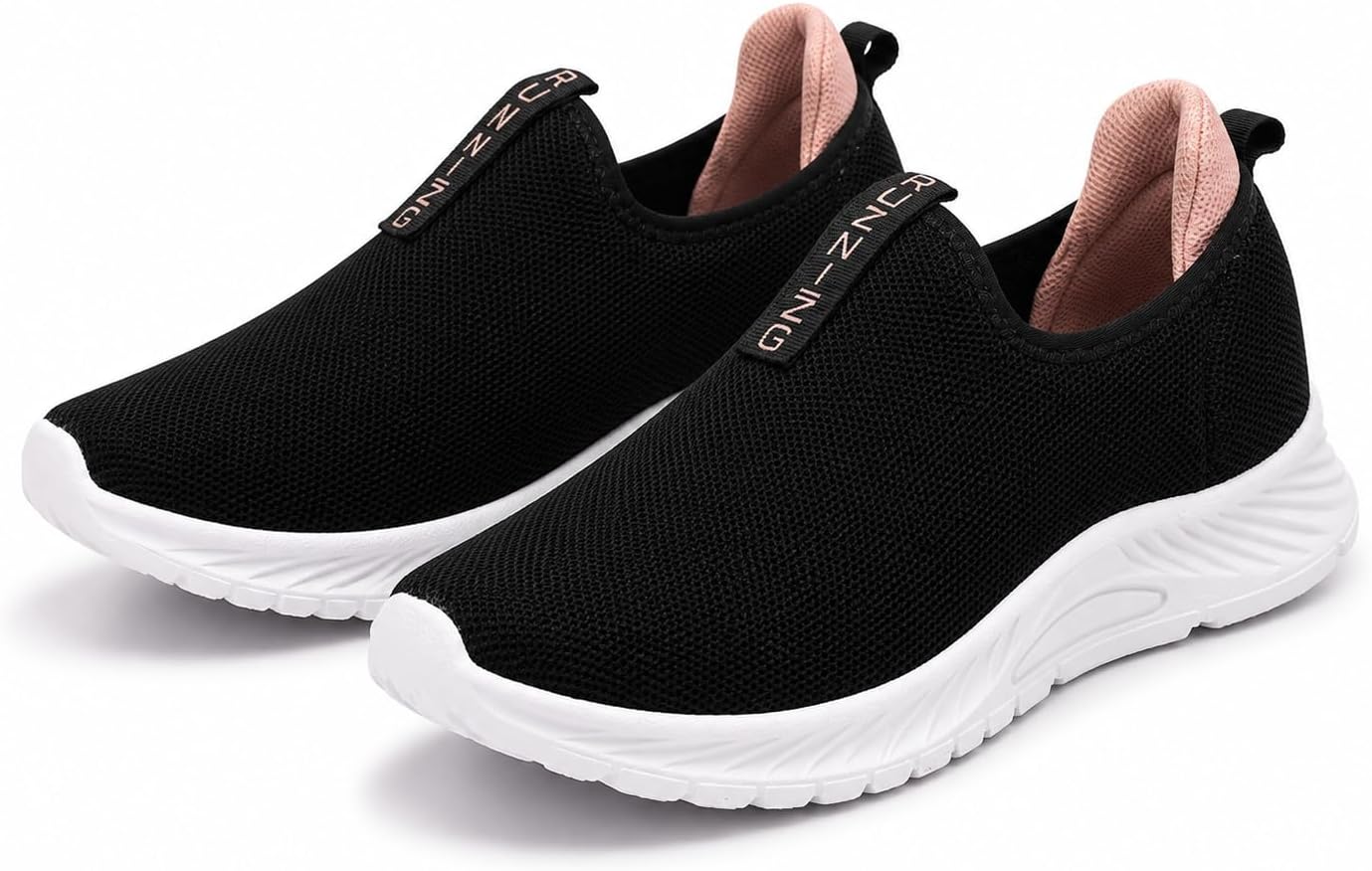 Tênis Feminino Slip On Preto com Rosa Bebê Leve e Confortável Tecido Respirável Sem Cadarço Ideal para Caminhada Academia Trabalho e Dia a Dia