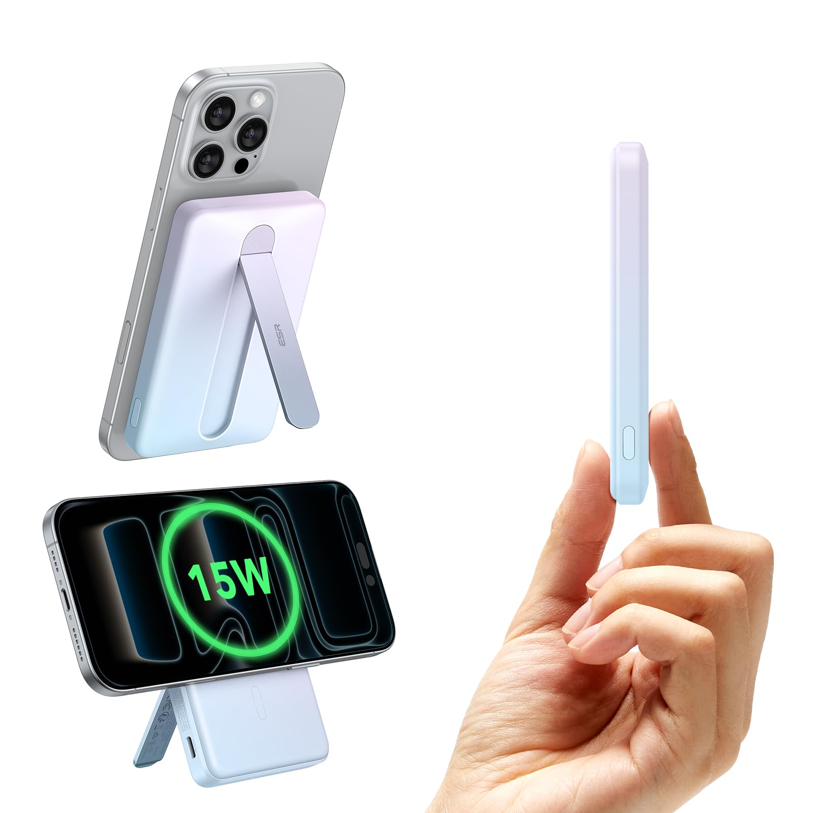 for MagSafe Power Bank, Kickstand 5,000mAh MagSafe Portable Charger 0.6 in,15W Ultra-Fast Battery Pack, 20W USB-C MagSlim Charger with Cable for iPhone 17/16/15/14/13/12, Pastel