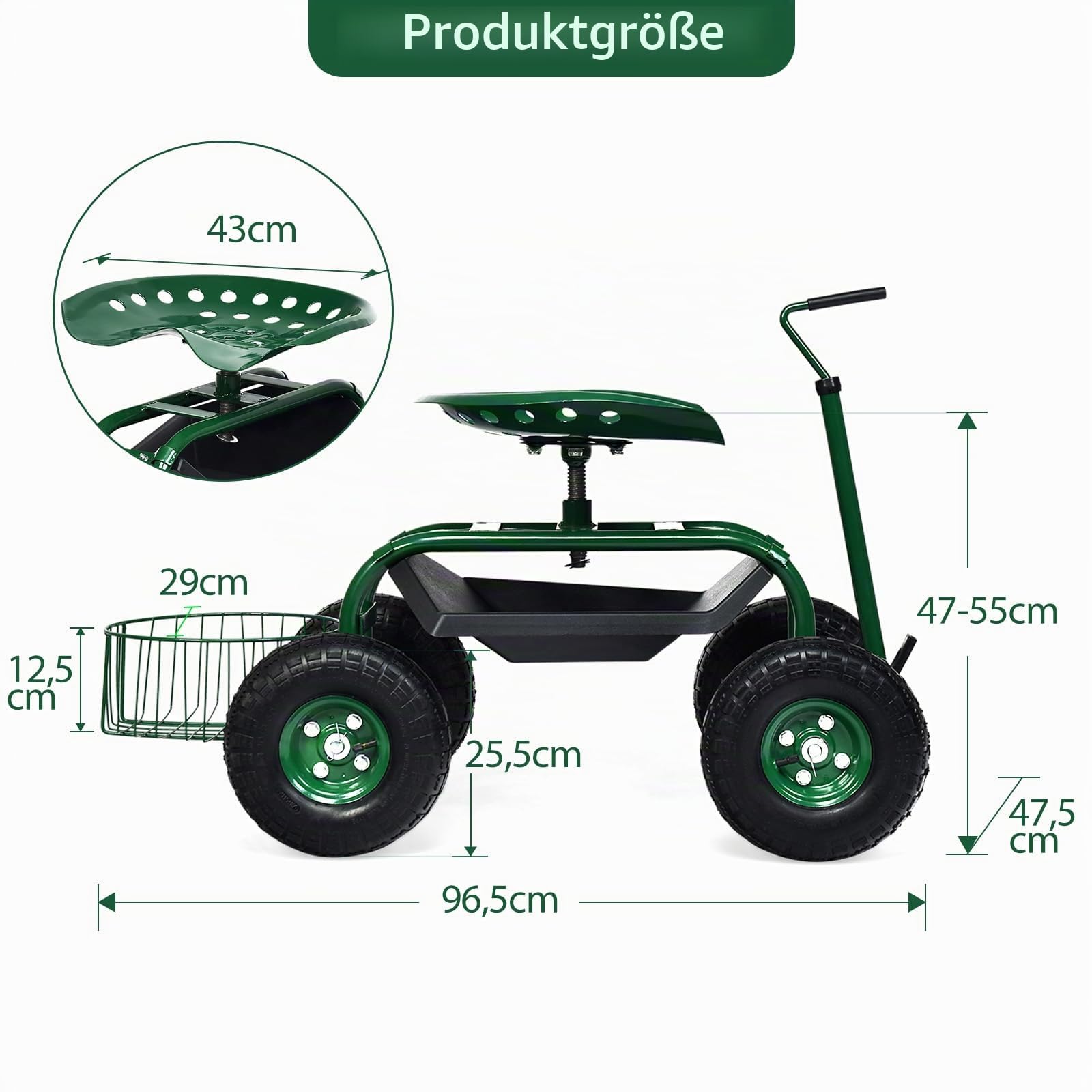 GOPLUS Gartenwagen, 360° drehbarer Gartensitz mit ausziehbarem Griff, Gartenhocker mit Ablage & Korb, Sitz höhenverstellbar, bis 150 kg belastbar, Rollsitz für Gartenarbeit, 96,5 x 47,5 x 47-55 cm