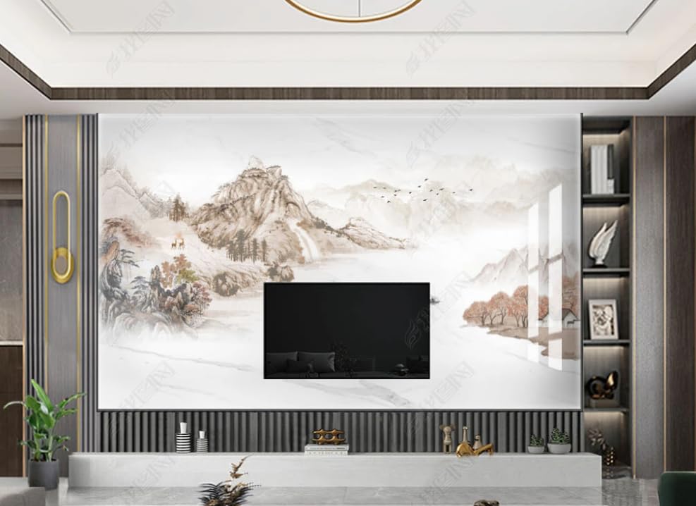 Papier peint intissé paysage artistique à l'encre de Chine pour salon élégant