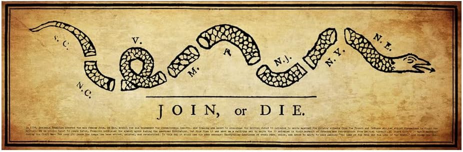 History America Join Or Die Unframed Art Print | Benjamin Franklin Political Cartoon American Revolution Poster | 11 3/4 x 36 inches | Tea Stained