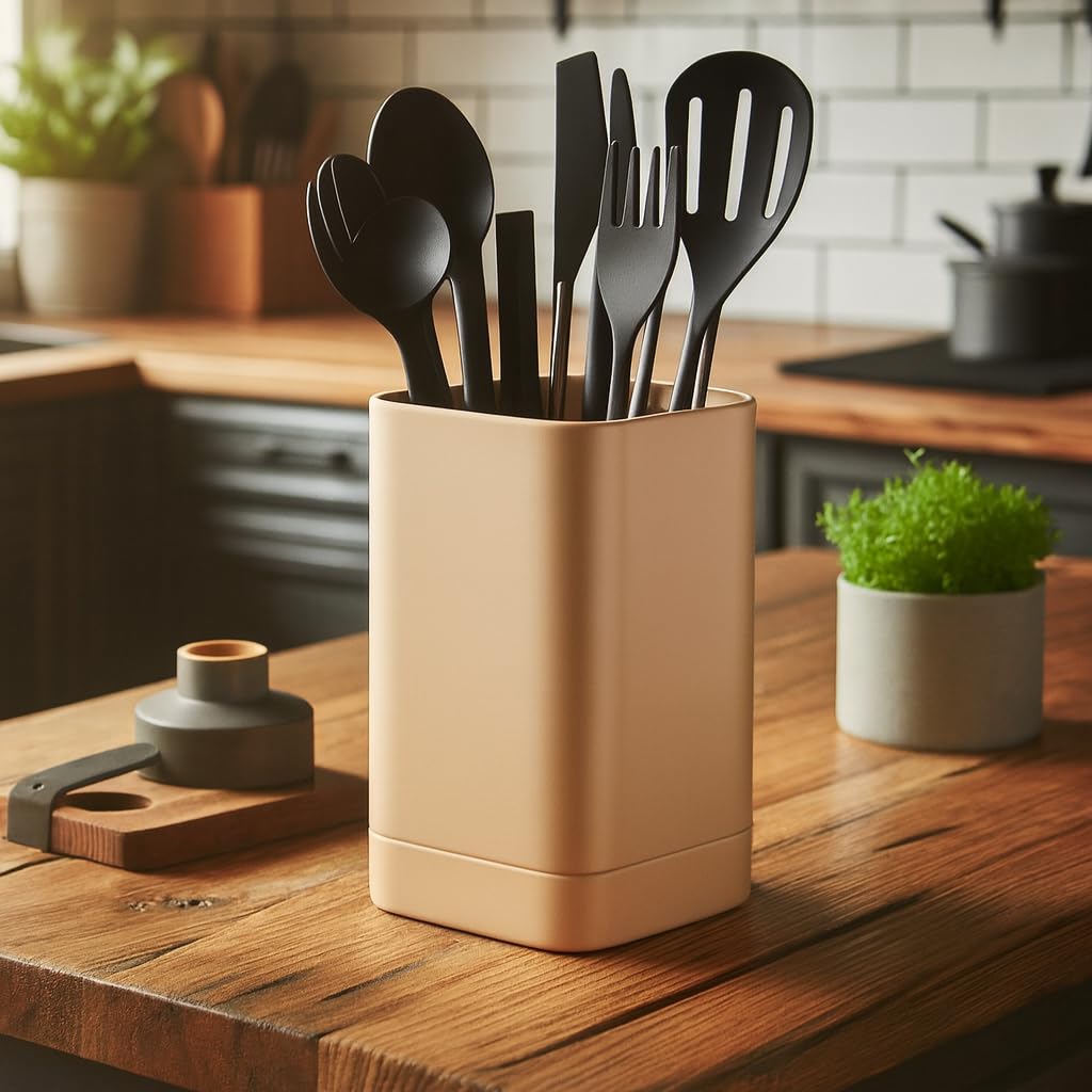 Kitchen Utensil Holder Square Pot (Matt Latte Brown)