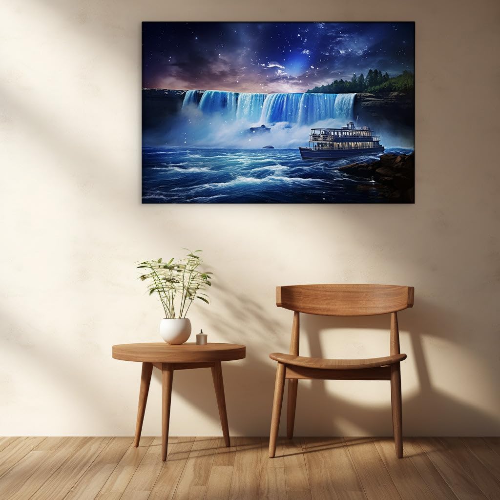 Canvas for Living room. Sailing into the Starlit Fantasy Voyage of the Great Waterfall, 27 x 18 inch Canvas Wall Art - Modern Home Decor - 69x46 cm (27x18 inch)