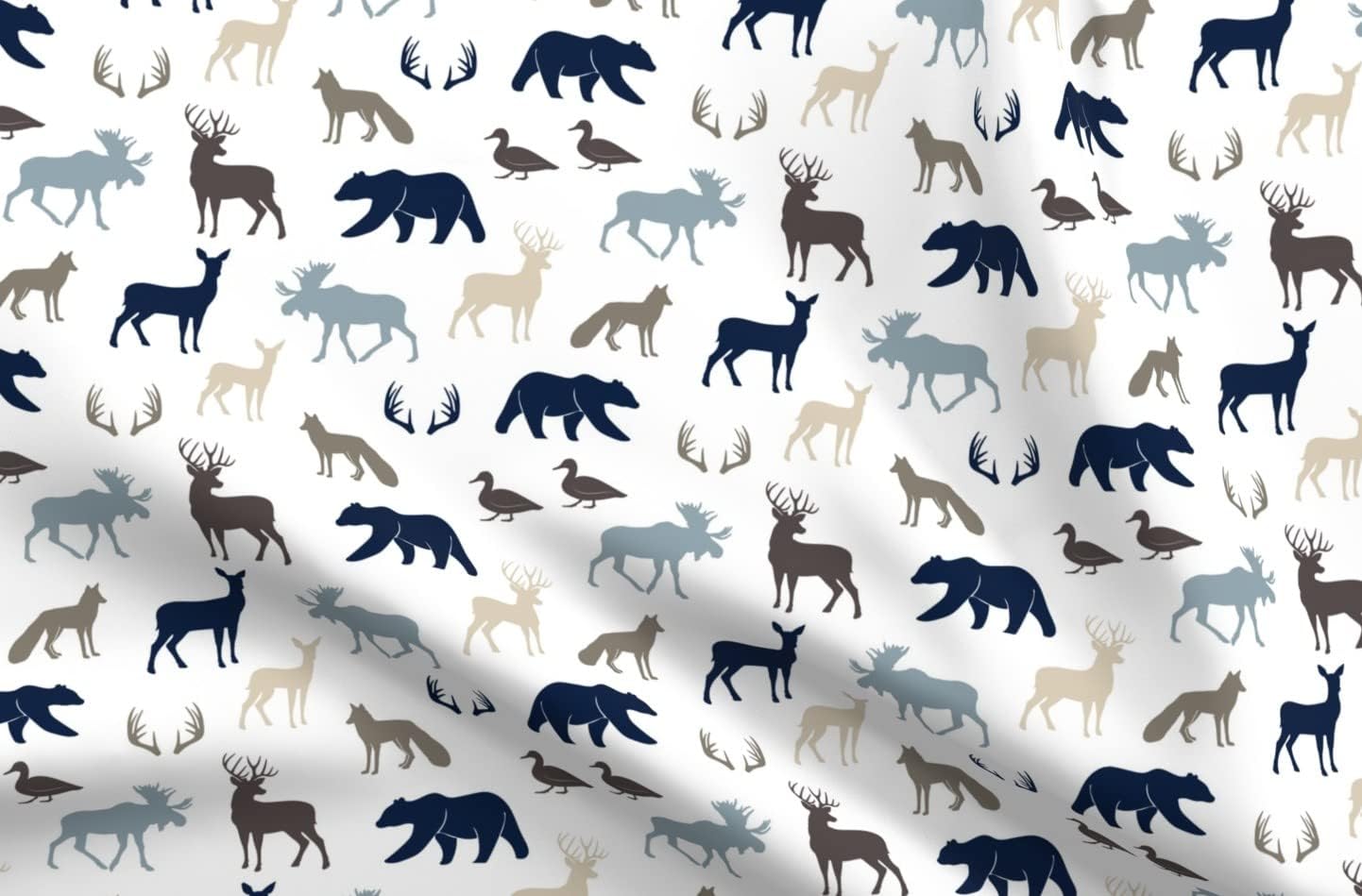 Spoonflower Fabric - Woodland Animals Rustic Woods Collection Navy Moose Boy Trendy Bear Printed on Organic Cotton Sateen Fabric by The Yard - Sewing Quilting Apparel Home Decor