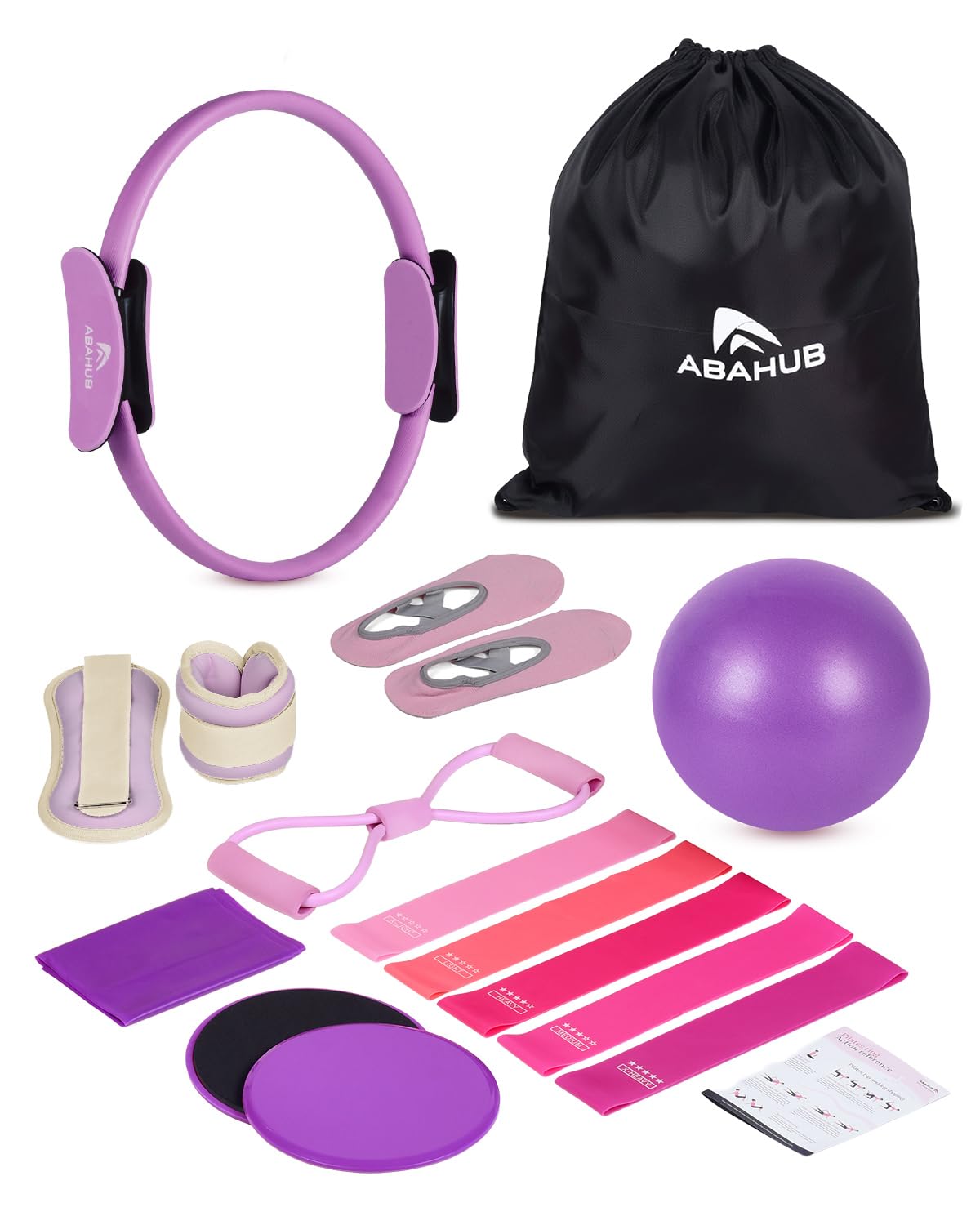 Abahub Pilates Ring Set, Home Workout Pilates Equipment, 14βMagic Circle, Yoga Ball, Resistance Bands, Sliding Disks, Socks, Fascial Ball, Adjustable Ankle Wrist Weights,Workout Guide & Bag,Purple Set