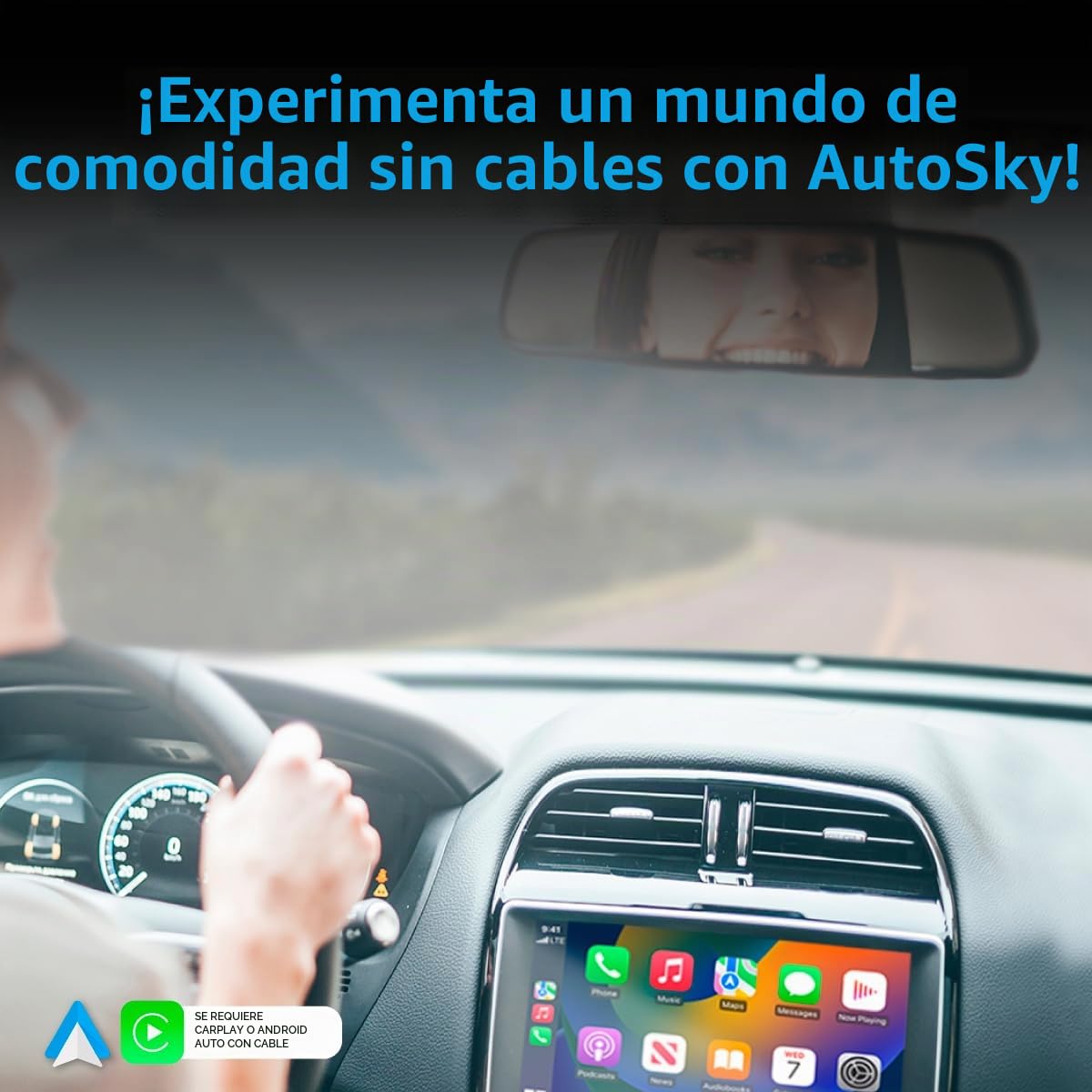 AutoSky Adaptador inalámbrico Carplay y Android Auto - Transforma a Carplay inalámbrico o Android Auto - Plug & Play - Coches Desde 2016 - Diseño Compacto Acabado de Piano