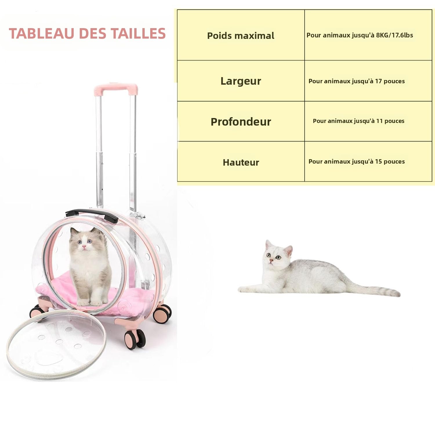 Mochila para gatos/perros con ruedas, transparente y transpirable, 3 en 1, maleta para gato/perro, carga máxima 8 kg, múltiples opciones de transporte, ideal para viajes/paseos/veto (rosa)