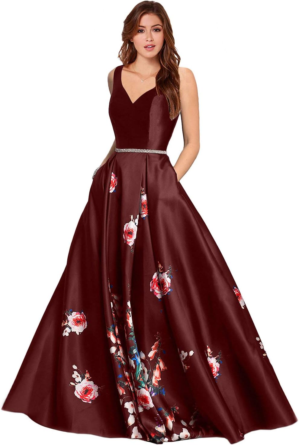 Women's V Neck Floral Prom Dresses with Pockets Party Ball Gown