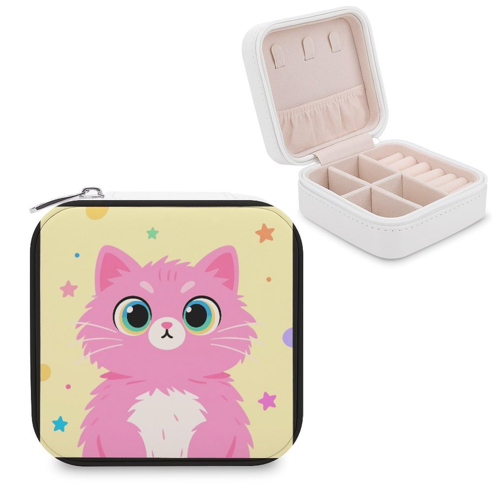 VstaDank Pink Cat Jewelry Box for Women Jewelry Organizer Storage Case with Zipper Mini Travel Jewelry Case Cute Trinket Organizer Leather Portable Jewelry Storage Box