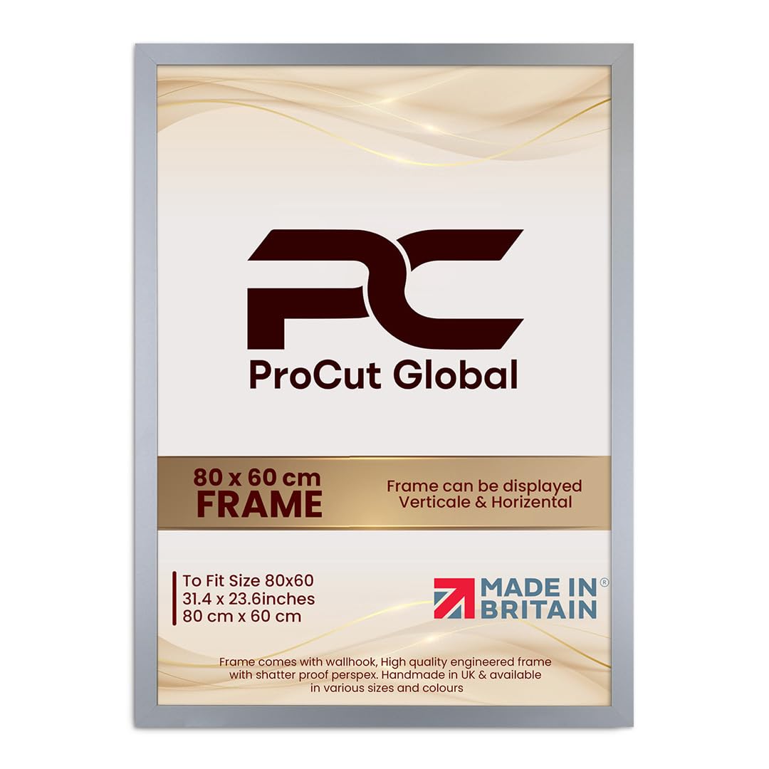 Procut Global 80X60CM Silver Picture Frames - Modern Wooden Photo Frame with Shatterproof Perspex for Wall or Tabletop - Perfect for Posters, Certificates, Prints - Sizes & Colors Available