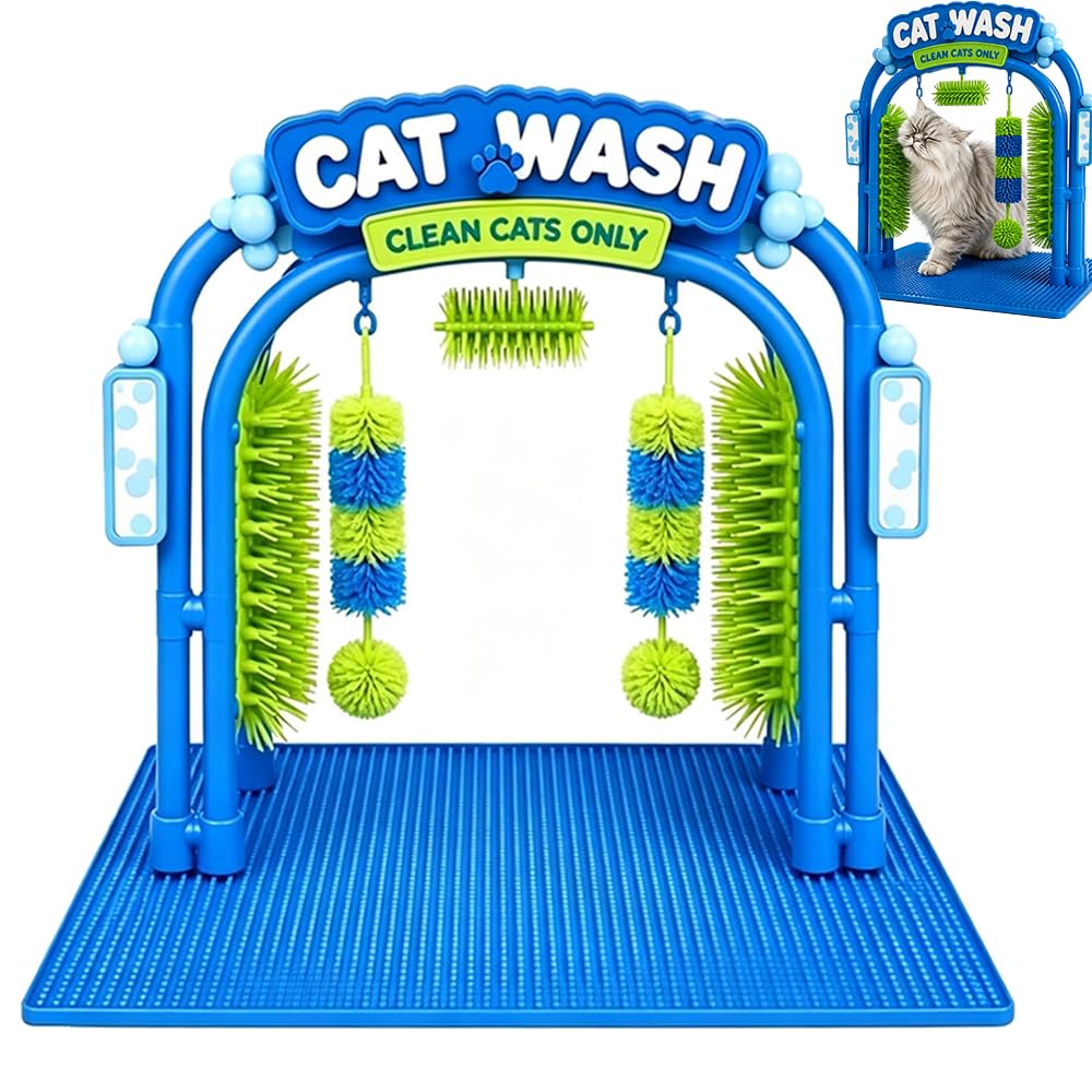 Cat Wash Grooming Station, Self‑Grooming Device for Cats, Auto Massage Brushing Tunnel Toy, Hair Catcher Tool with Sturdy Base, Easy to Use for Most Cats，1Pcs