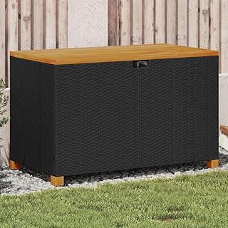Tidyard - Caja de almacenamiento para jardín, color negro, resina trenzada, madera de acacia, caja de cojín exterior, organizador de herramientas de jardín, caja de cojines para balcón, terraza, patio