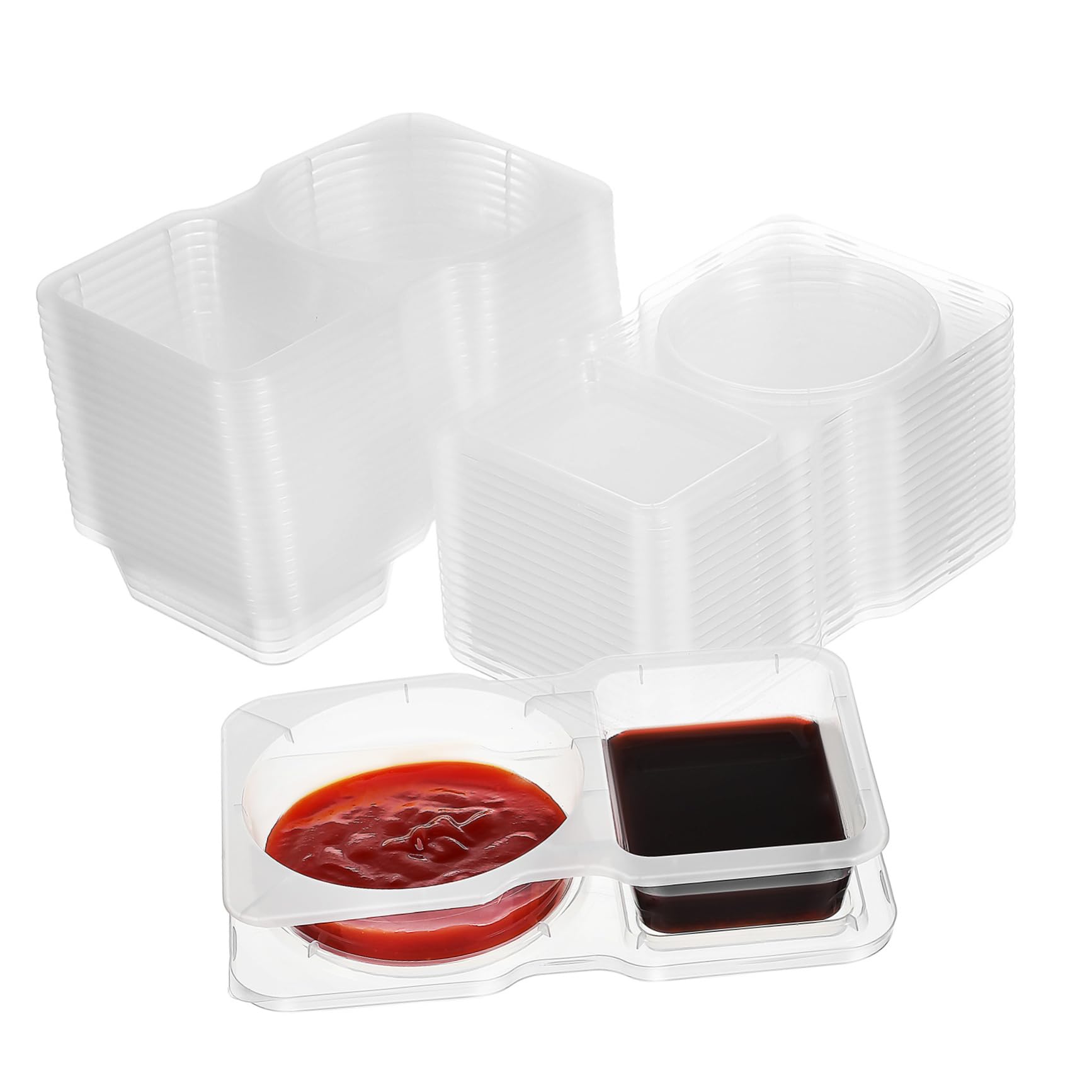 MUCKLILY 20 Pcs Double Compartment Plastic Condiment Cups with Lids Versatile Sauce Containers for Dressings and Seasonings for Meal Prep and On The Go Use