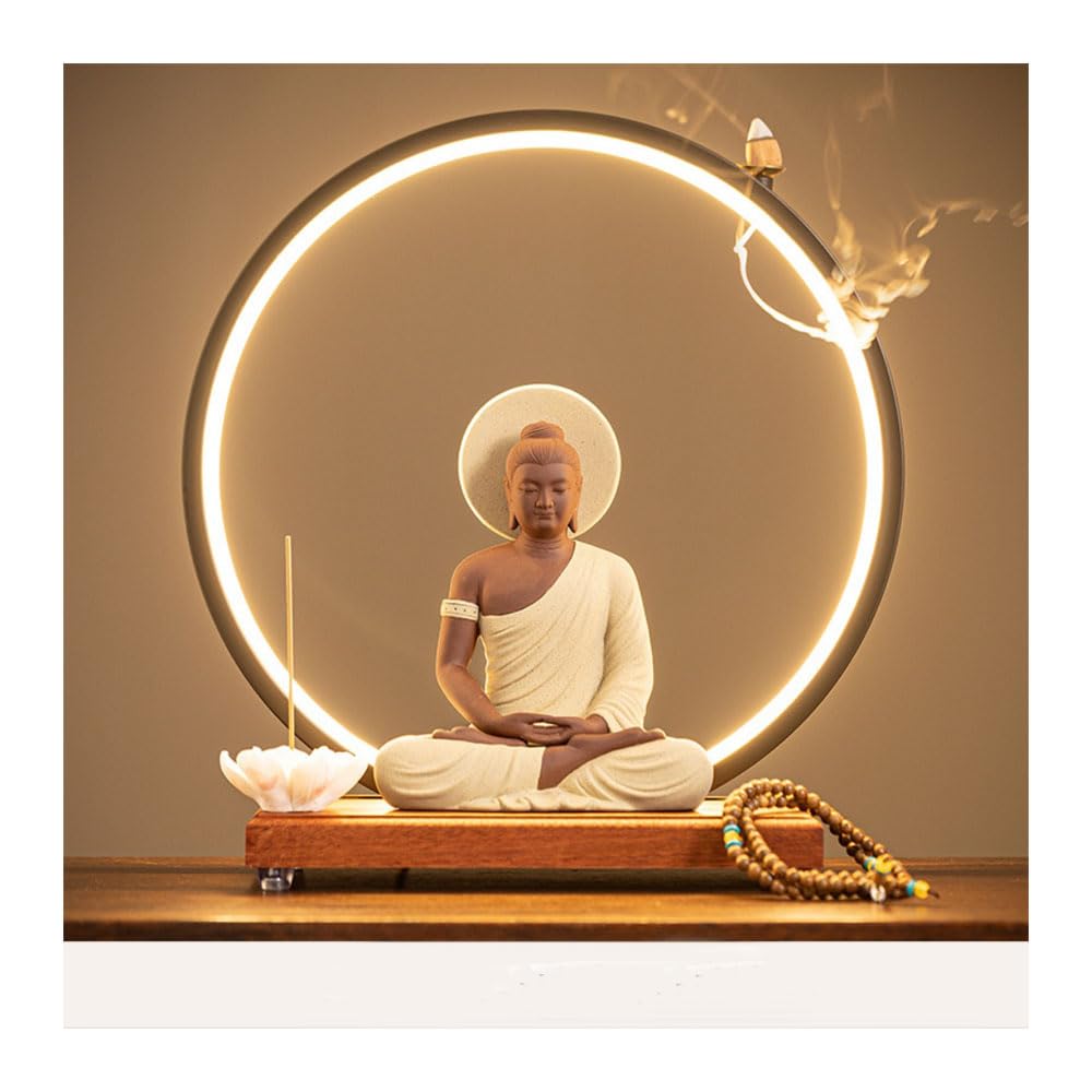 Dytartzx #7 Shakyamuni Buddha Statue With Backflow Incense Burner Incense Holder With Led Light Ring Decorative Tathagata Buddha Figurine