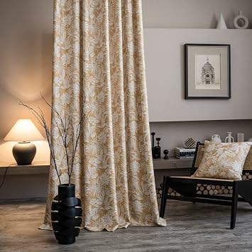 Farmhouse Cotton Linen Curtains 84 Inches Long for Living Room Bedroom Beige Vintage Floral Printed on Yellow Semi-Blackout Window Drapes Rod Pocket 1 Panel 52" W x 84" L