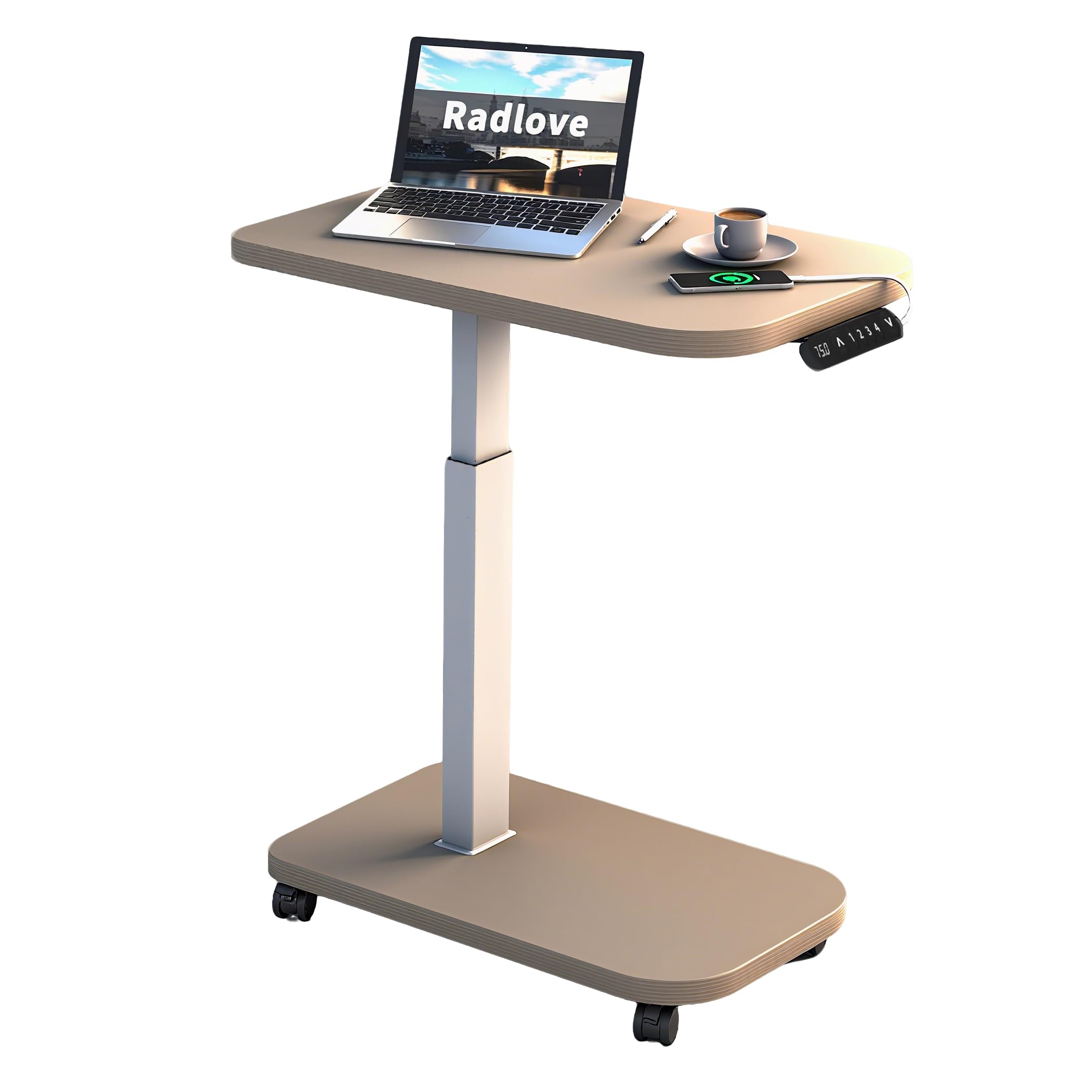 Radlove elektrisch höhenverstellbarer Schreibtisch mit USB-C & LED-Anzeige, 71×46 cm Stehpult mit Rollen, mobiler höhenverstellbarer Laptoptisch, Khaki
