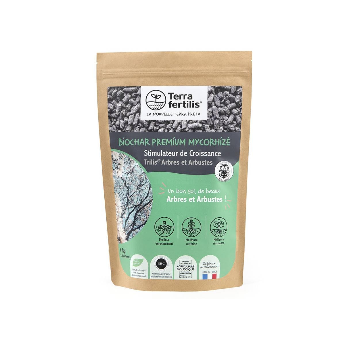 Terra Fertilis - Fertilisant pour Arbres & Arbustes - à base de Biochar Mycorhizé - Améliore la croissance et la résistance des plantes - Retient l'eau et les nutriments - Sac 1kg