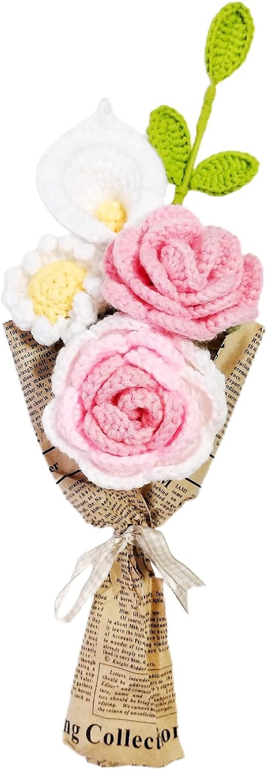 Dryfal Pink Finished Knitting Crochet Flower Bouquet Hand Crochet Bouquet Mixed Handmade Diy Knitted Flower Rose Sunflower Daisy Artificial Flower For Vase Home Decoration Gift