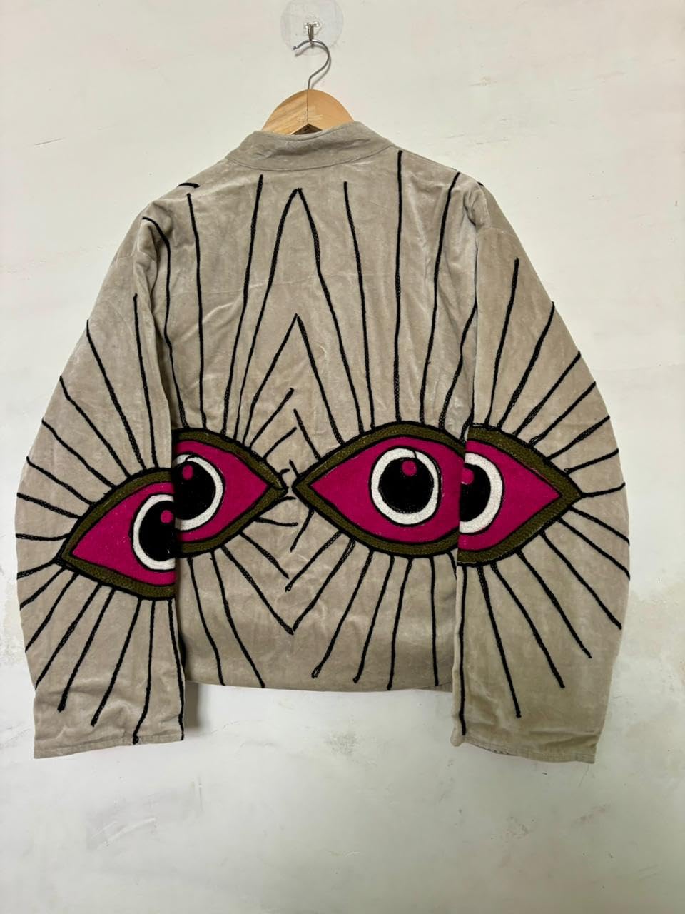 Embroidered Eye Applique Velvet Jacket, Beige with Pink Magenta Eyes, Black Stitch Detail, Cropped Style