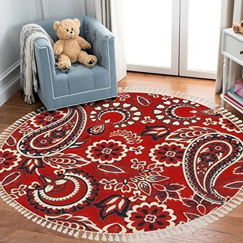 Round Rugs Paisley Vintage Batik Style Boho Area Rug Linen And Cotton Carpet Meditation Rug Washable Hallway Runner Mat Accent Rug For Bedroom Bathroom 3Ft #TOP13