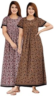 Vlazom Women’s Cotton Maxi Nighty – Pack of 2 Printed Ankle-Length Night Dresses | Free Size Gown for Women | Soft & Breat... Price In India