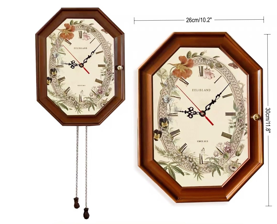 Drewniany zegar ścienny w stylu vintage z miejscem na klucze, dekoracyjny ośmiokątny design, ukryte wewnętrzne haczyki na klucze, cyfry rzymskie, rustykalny styl wiejski (brązowy)