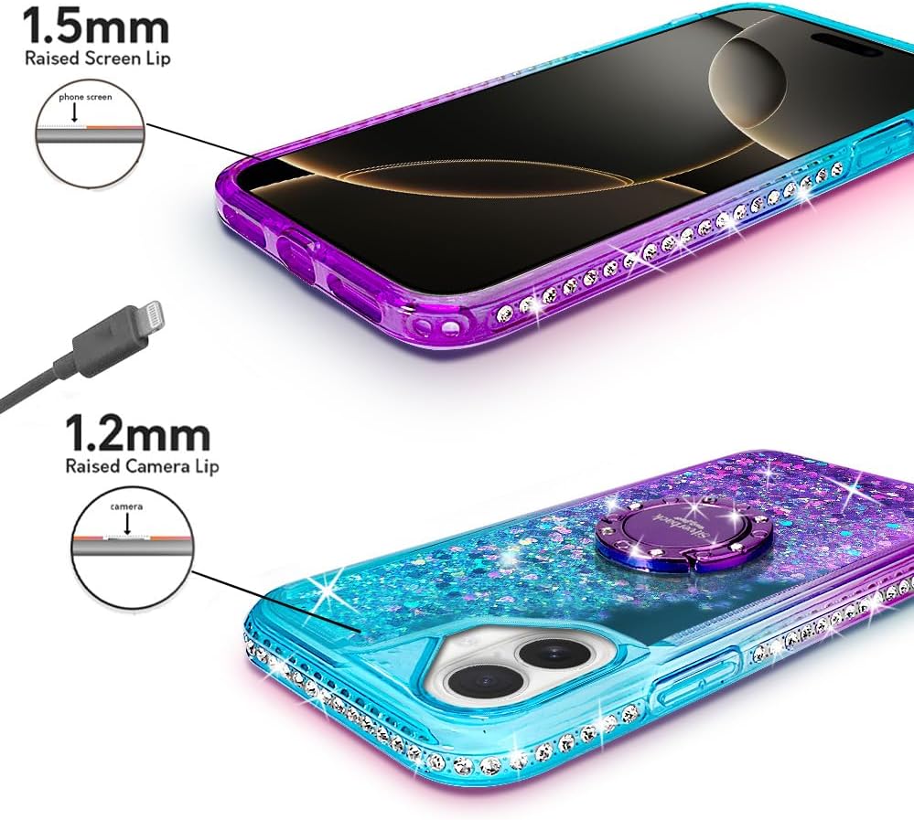 Silverback for iPhone 16 Case, Moving Liquid Holographic Sparkle Glitter Case with Kickstand, Girls Women Bling Diamond Ring Protective Case for iPhone 16 - Purple - Image 8