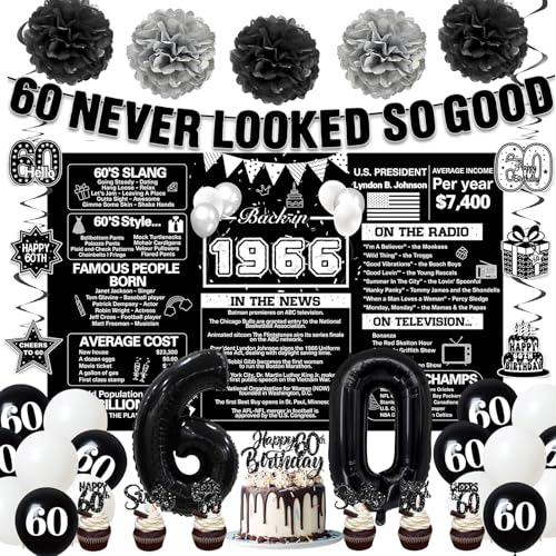 Image of Crenics Black 1966 60th Birthday Decorations for Men Women | Back in 1966 Backdrop, Banner, Paper Pom Poms, Hanging Swirls, Cake Topper and Balloons for 60 Birthday Party Supplies