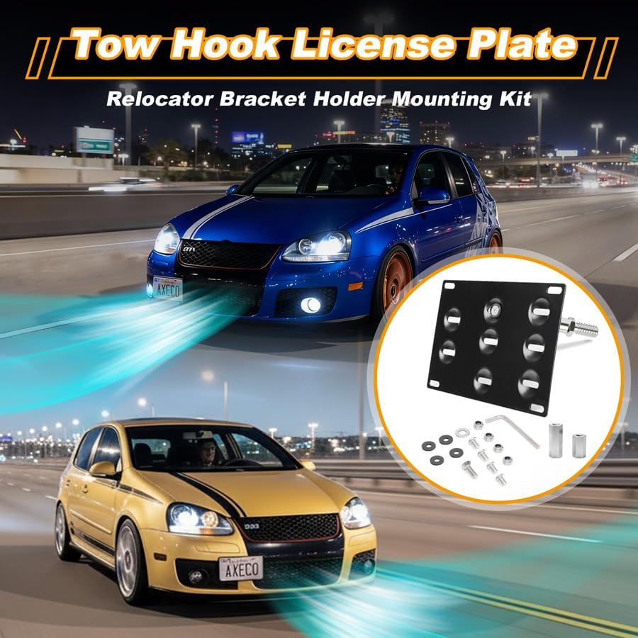 Drill Free Front Tow Hook License Plate Relocator for Volkswagen Golf GTI MK5 06-09 Jetta No Blocking Sensor Tow Eye Offset Increase Horsepower AXECO® Auto Pro