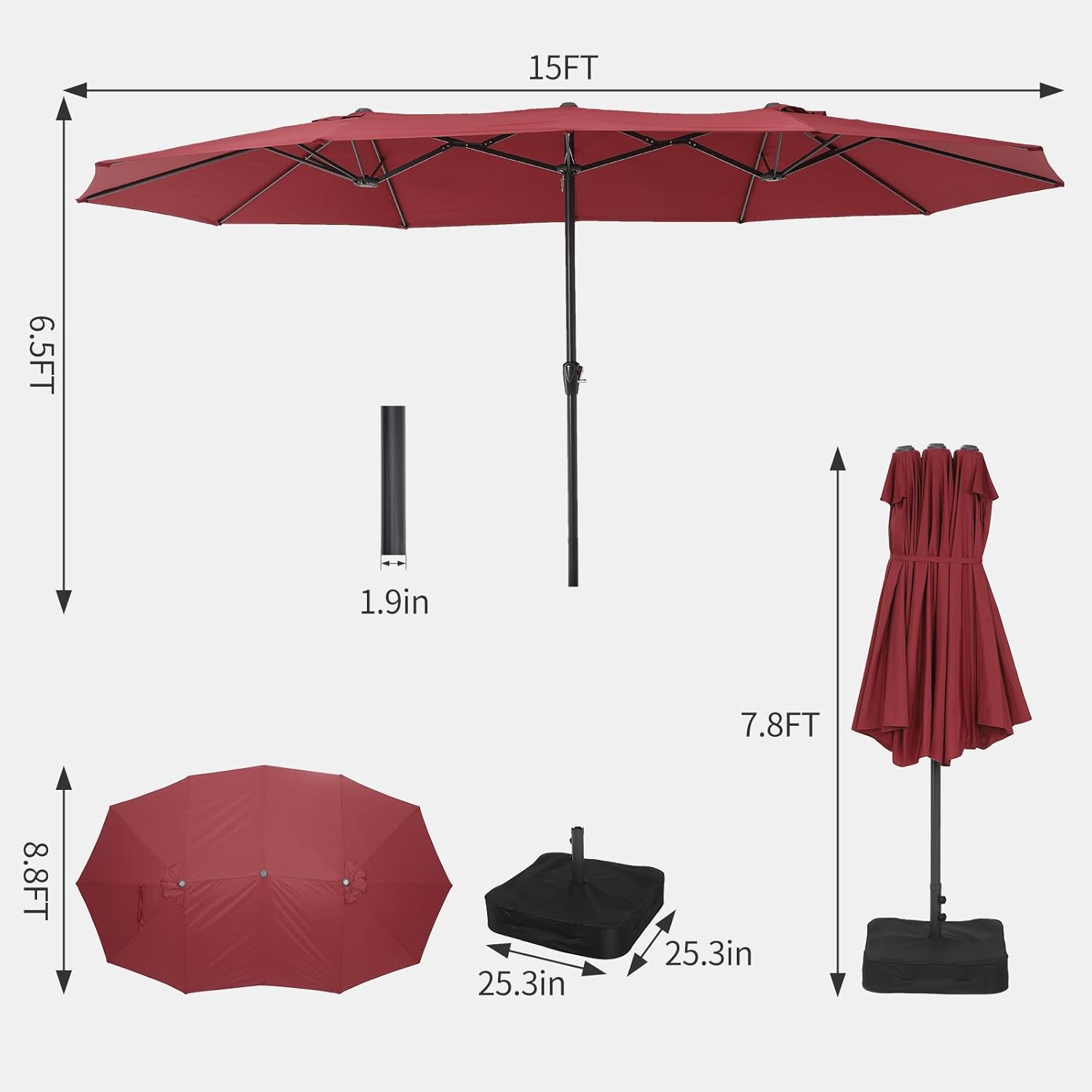 15FT Large Patio Umbrella with Crank Handle,Double-Sided Rectangular Outdoor Umbrella for Pool, Garden, Deck, Lawn & Market (Claret Red)