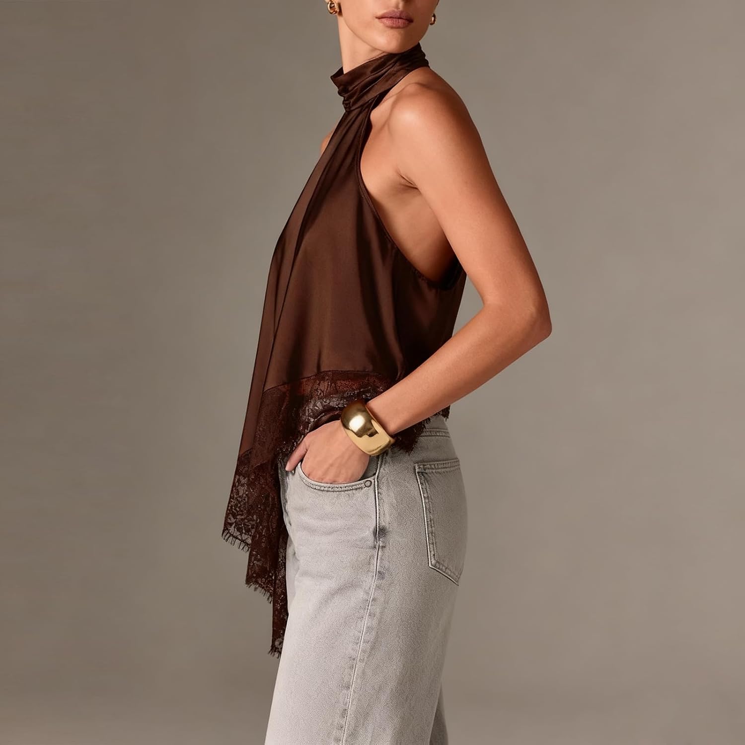 Women Satin Halter Top Lace Trim Mock Neck Tank Top Sleeveless Backless Asymmetric Hem Y2k Going Out Tops - Image 4