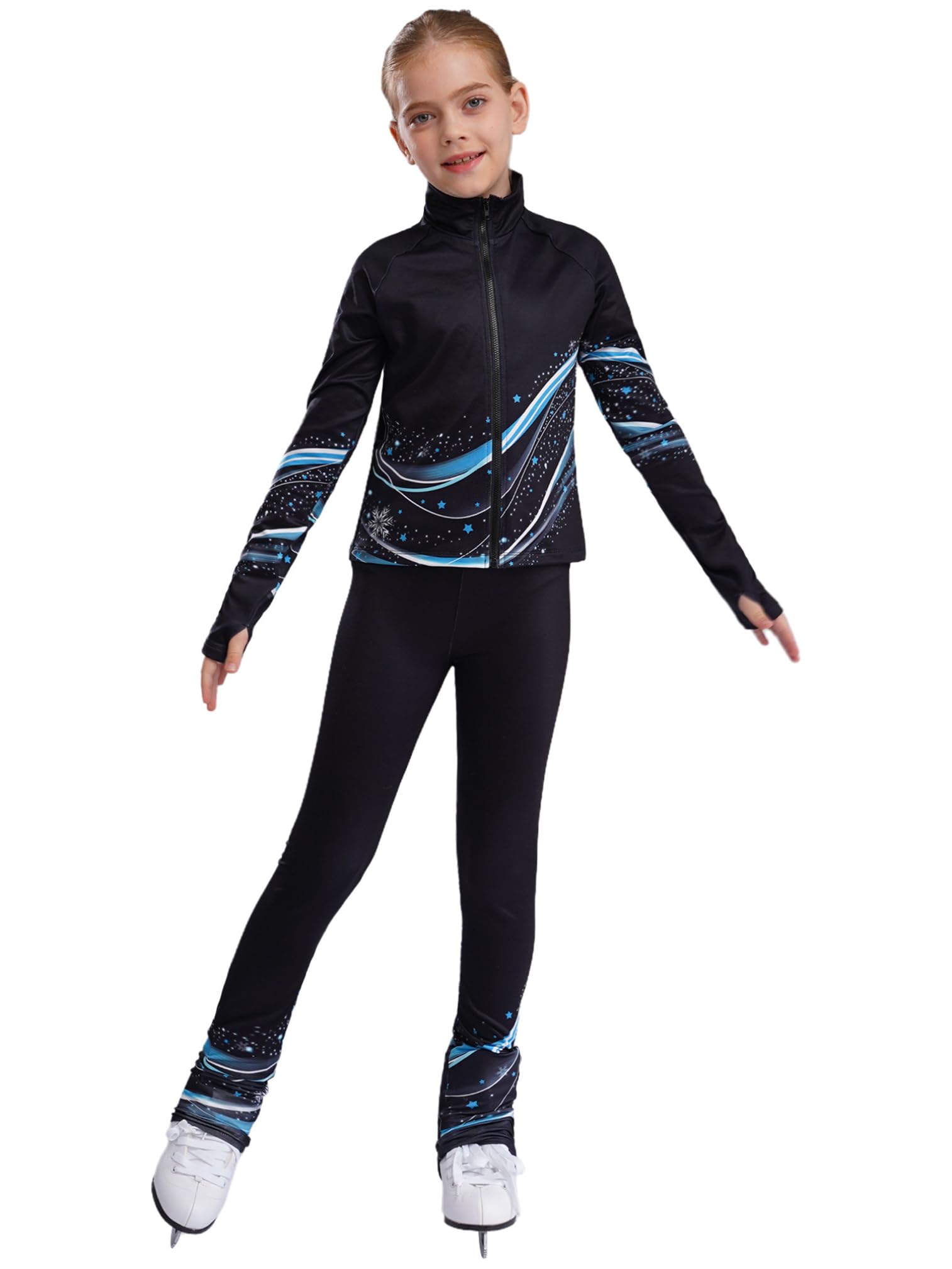 ranrann Ensemble Patinage Artistique Fille Veste Chaud Polaire avec Pantalon Collant Legging Tenue Patinage sur Glace Sport A Bleu 13-14 ans
