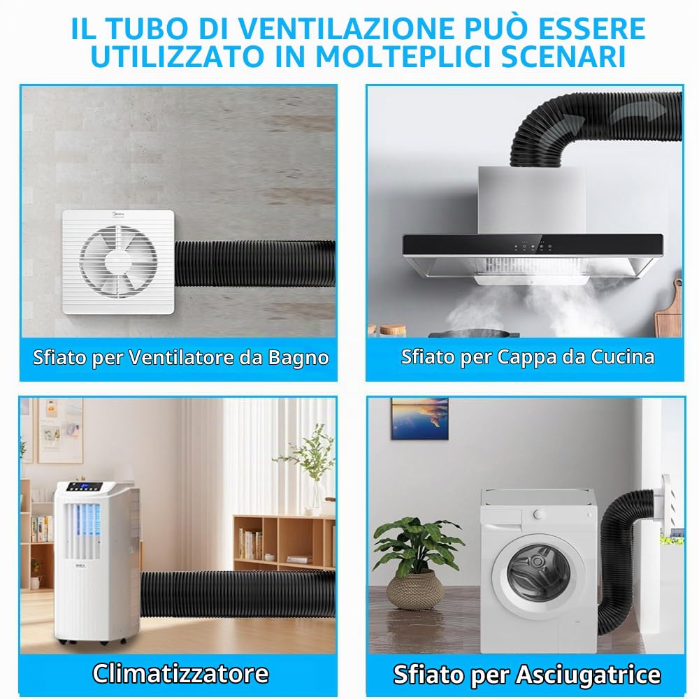Tubo flessibile di ventilazione in alluminio e PVC, 100 mm, 10 m, colore nero, per aspiratore, idroponica, tende da coltivazione, prese d'aria per asciugatrice