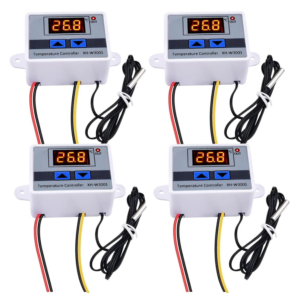 XH-W3001 Digitaler Temperaturregler, 4 Stück Temperaturschalter, DC 12V Digital Thermostat mit Wasserdichter Sonde, Thermostat Schalter für Gewächshaus, Aquarium, Inkubator, Heizung Kühlung