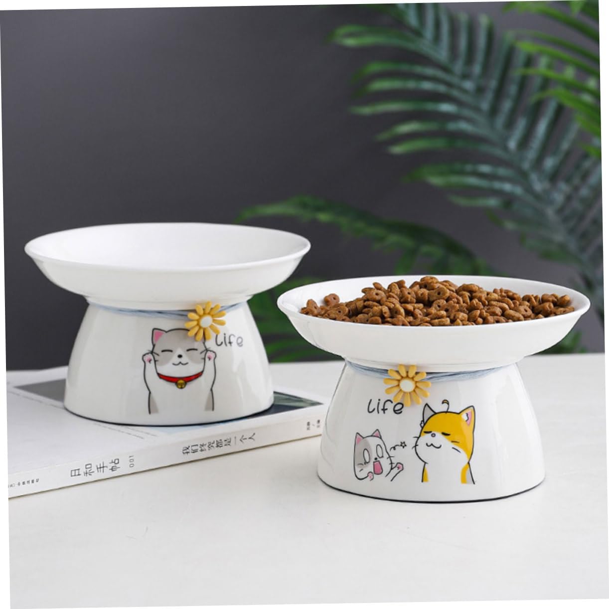 1set Elevated Cat Bowl Cute Cat Ear Design Stable Base Easy to Water and Food Feeder Mat