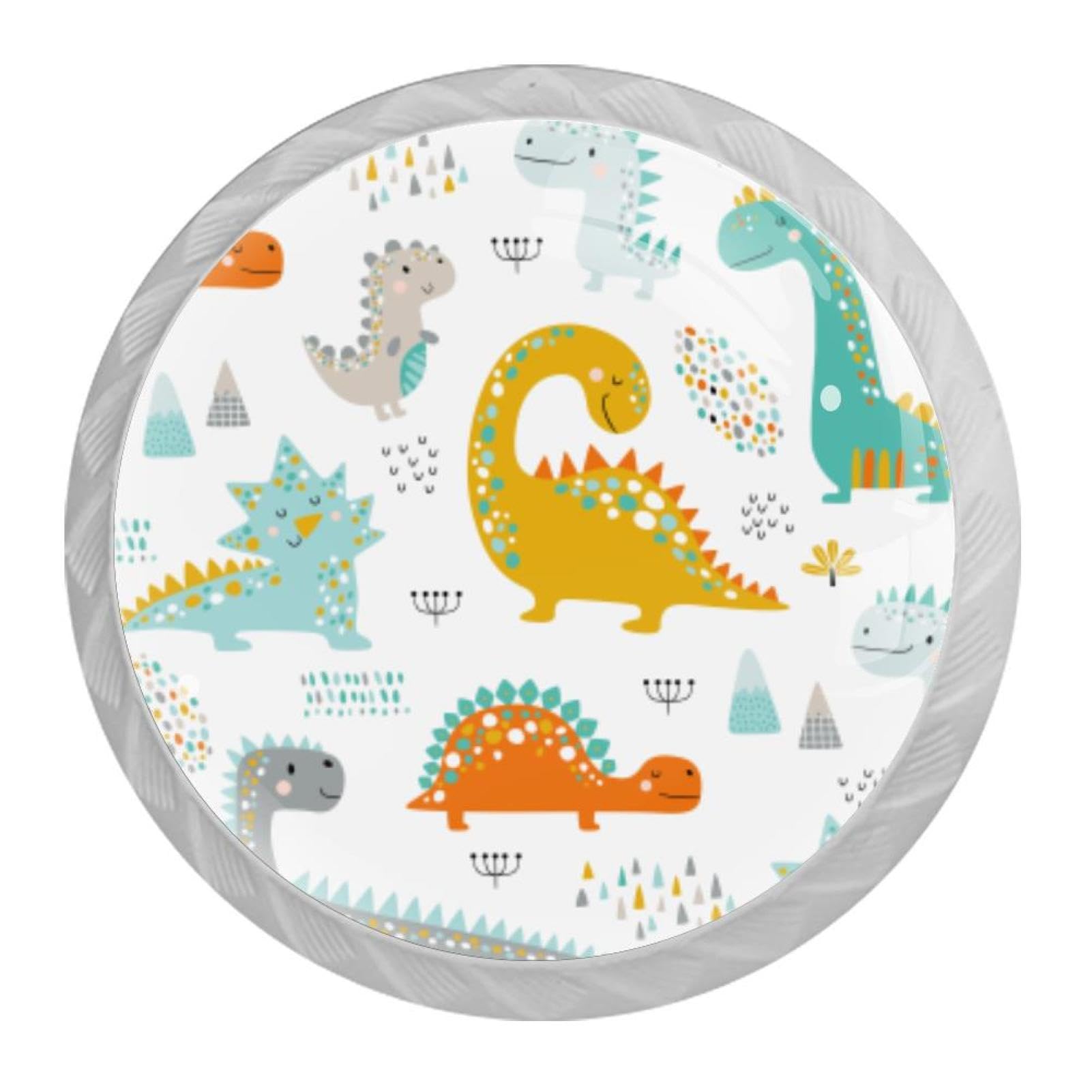 Tqmspg 4 Pieces Drawer Pulls Doodle Cute Dinosaurs Pattern Door Knobs Dresser Handles for Kitchen Wardrobe Cupboard Hardware Furniture