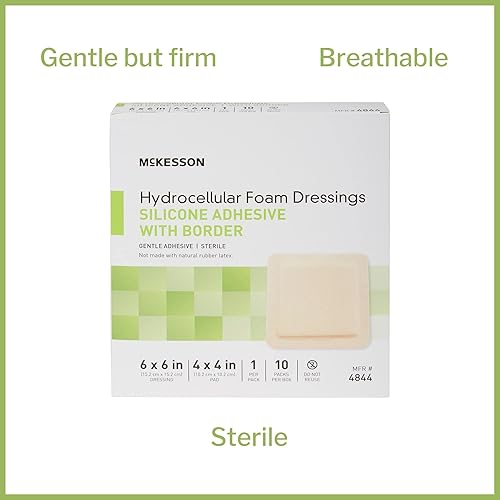 Miniatura 3 de McKesson Apósitos de espuma hidrocelular, estéril, adhesivo de silicona con borde, dimensión 6 x 6 pulgadas, almohadilla de 4 x 4 pulgadas, 10