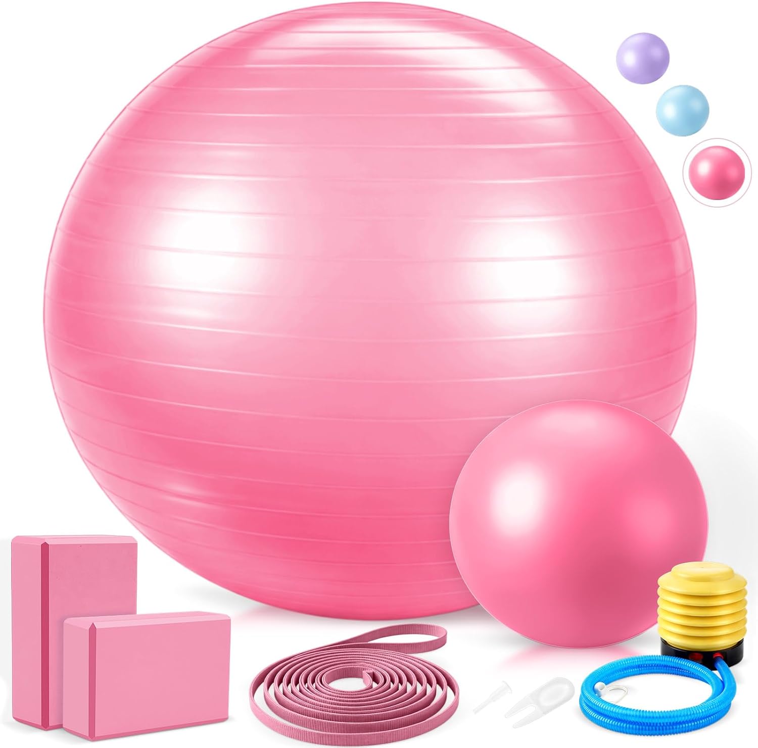 Pilates Set with 2 Yoga Exercise Balls (25.6”&9.8”), Yoga Block, Stretch Strap & Foot Pump, Stability Fitness Ball Kit for Home Gym Equipment Workout Pregnancy Physical Therapy