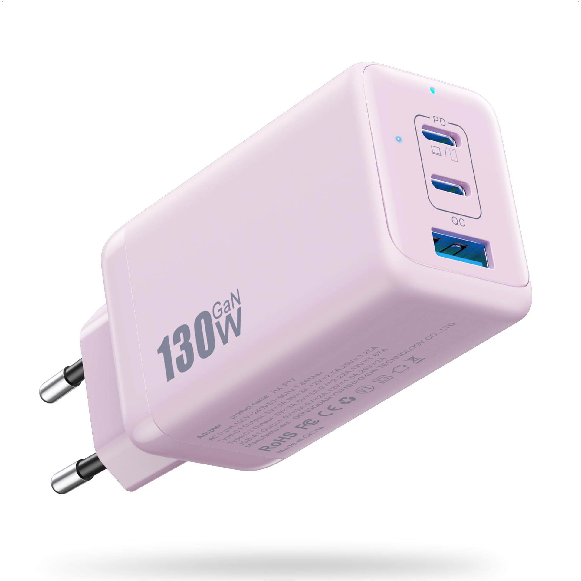 130W Caricatore USB C, 3 Porte GaN III Tech Alimentatore USB C, 65W PD+PPS Compatto Caricabatterie Ricarica Rapido Presa USB Compatibile con MacBook Pro/Air, iPad, iPhone 16/15, Galaxy S24 (Rosa)
