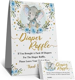 Blue Elephant Diaper Raffle Sign, Diaper Raffle Baby Shower Game Kit (1 Standing Sign + 50 Guessing Cards), Blue Elephant Eucalyptus Baby Shower Raffle Insert Ticket, Gold diaper Raffle Sign, Bule Flower Baby Shower Decorations