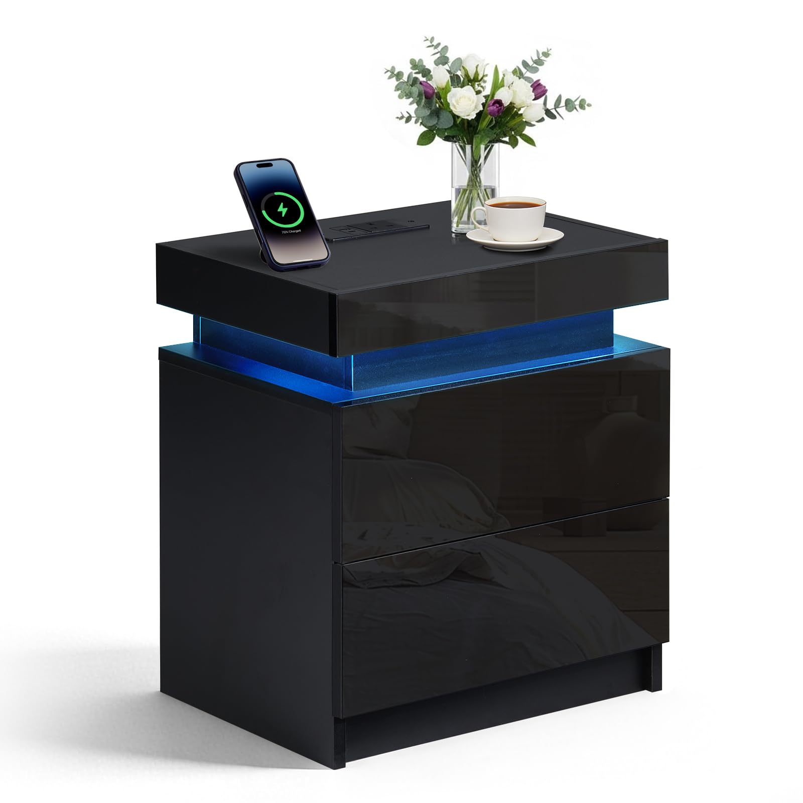 LEMROE 2-Drawer Bedside Table with Charging Station, Black High Gloss Fronts – APP-Controlled LED Lights & Flip Top, Modern Nightstand for Bedroom, Living Room
