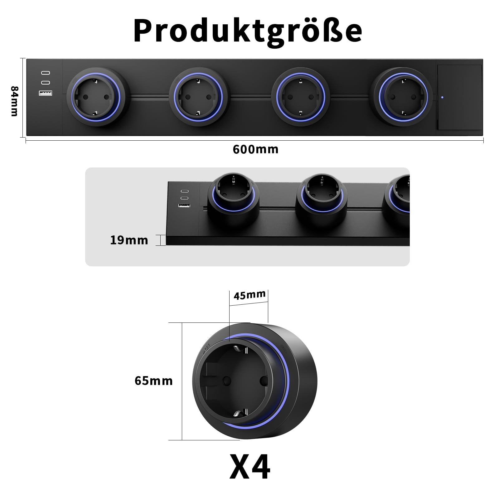 CNBINGO Stromschienen Steckdose mit USB,Aufputz Steckdosenleiste Schwarz | 60cm Stromschiene mit Schalter,Mehrfachsteckdose mit 4 Steckdosen Adaptern,Steckdosenschiene für Büro, Werkstatt