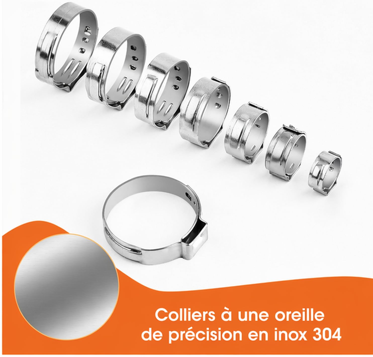 Lot de 130 Collier De Serrage Inox 5,8 à 21 mm Colliers de Serrage à Oreille Unique avec Pinc pour Canalisations, Conduites de Carburant et Automobile (Argent)