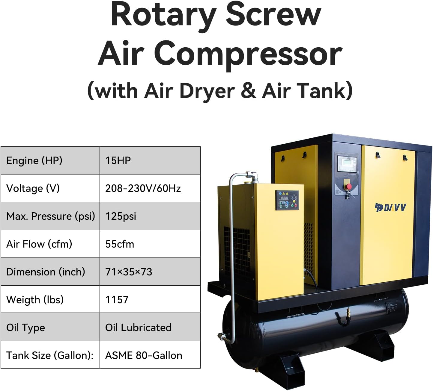 Total Rotary Screw Air Compressor With Tank & Refrigerated Dryer - 15HP/ 11KW - 57CFM@125PSI - 230 V/ 3-Phase/ 60Hz - ASME 80 Gallon