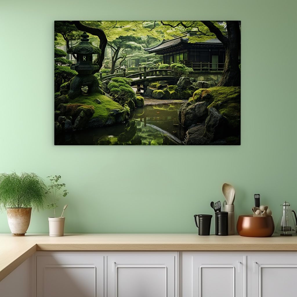 Canvas for Living room. Whispers of Serenity in a Japanese Garden Oasis, 27 x 18 inch Canvas Wall Art - Modernist Expressions - Zen Wall Decor