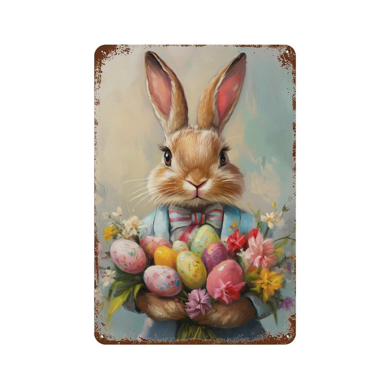Easter Bunny with Eggs And Flowers Decorative Tin Sign 11.8"x7.9", Farmhouse Wall Decor for Garage, Bar And Workshop Decor