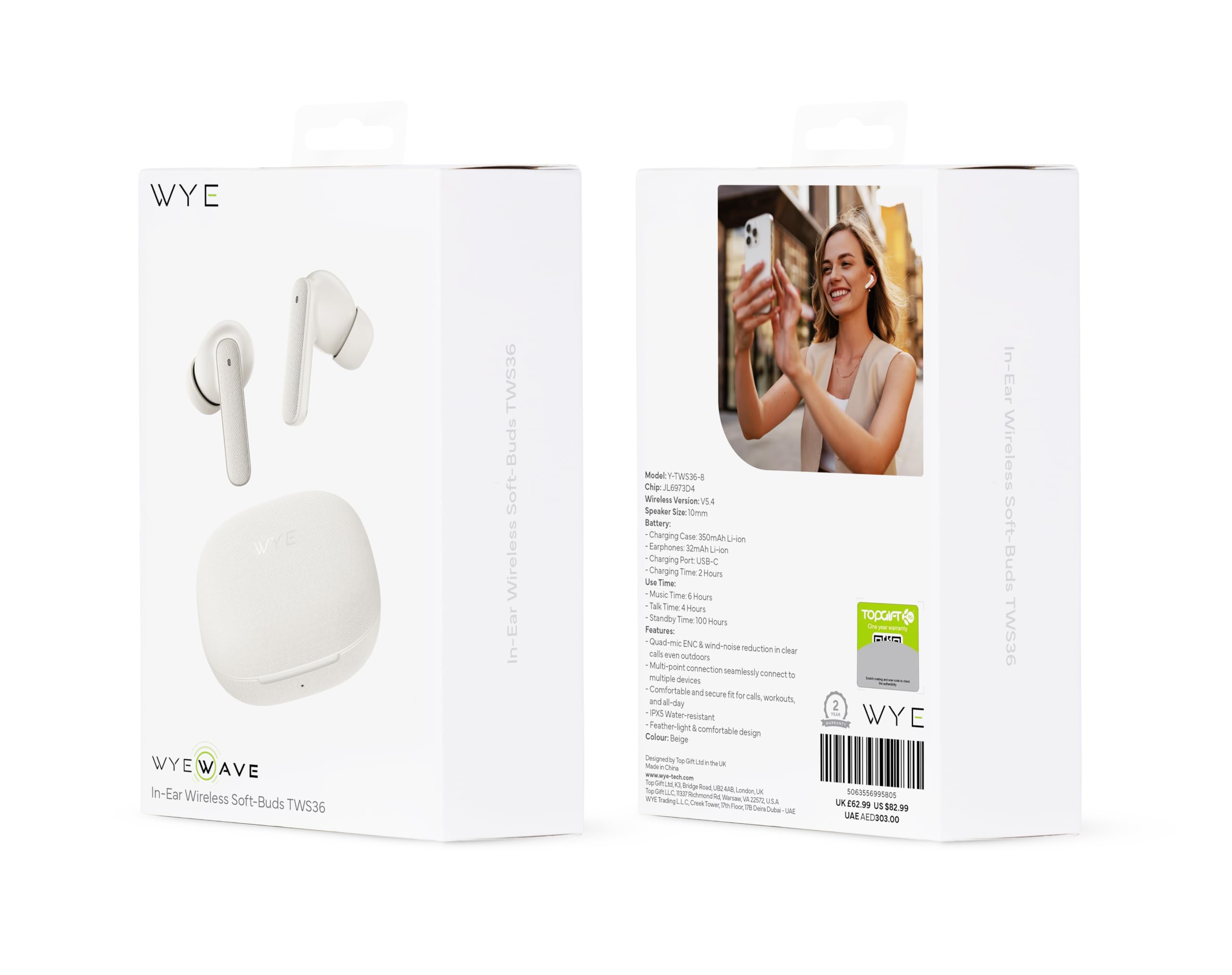 WYE Auricolari wireless Bluetooth 5.4 con Quad Mic ENC, connettività multi-punto, resistenza all'acqua IPX5, design sicuro, custodia di ricarica USB-C e 6 ore di autonomia, beige