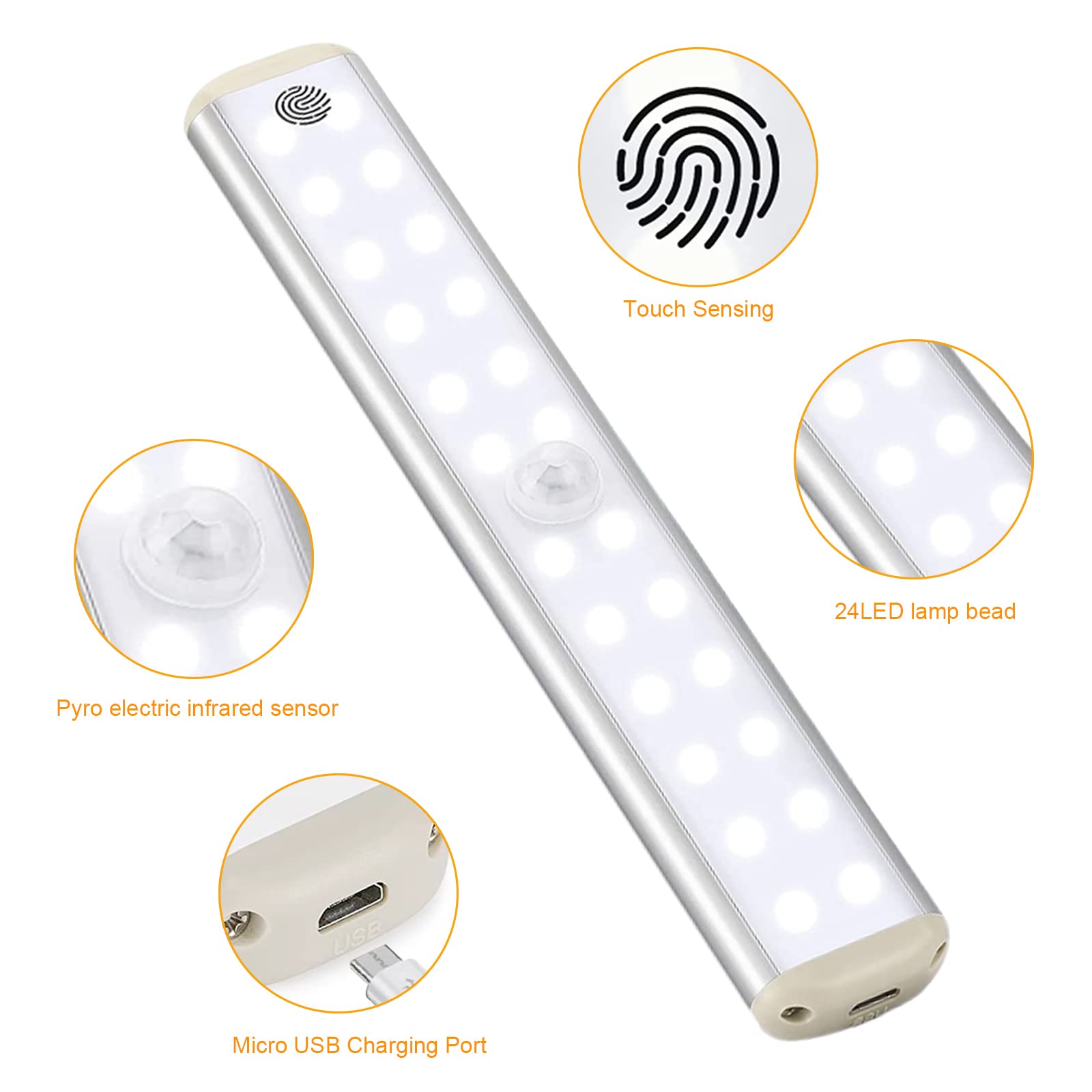 Lampy szafki z czujnikiem ruchu, Led pod szafką kuchenną, oświetlenie szafki z możliwością ładowania USB z samoprzylepnymi paskami magnetycznymi (24 białe światła dotykowe × 3)